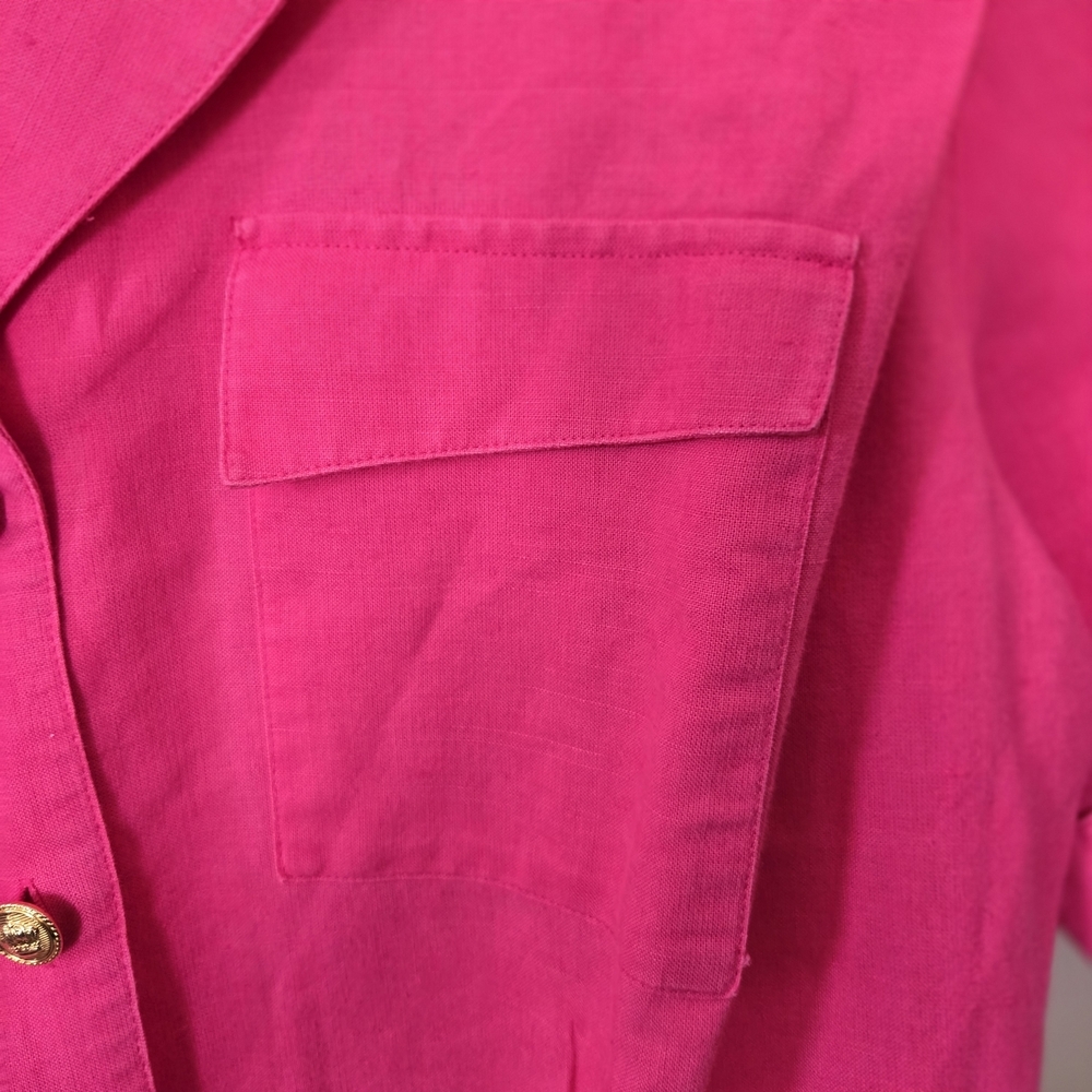 Bright Pink Gold Crown Button Blouse 80s Vintage Ramie Cotton Blend. Cuff Sleeve - Picture 6 of 7